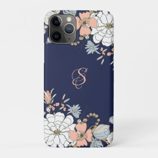 Navy Blush Pink Blue Floral Personalised Monogram iPhone 11 Pro Case