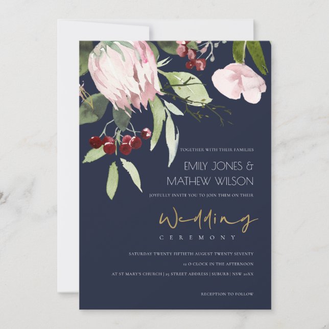 NAVY BLUSH PINK BURGUNDY PROTEA FLORAL WEDDING INVITATION (Front)