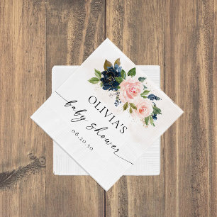 Navy & Blush Pink Floral Baby Shower Paper Napkin