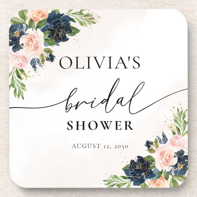 Navy & Blush Pink Floral  beverage coaster (Front)