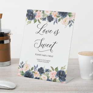 Navy Blush Pink Floral Blossom Love is Sweet Pedestal Sign