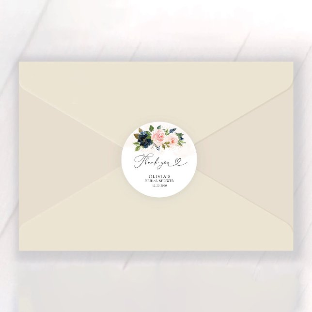 Navy & Blush Pink Floral Bridal Shower Classic Round Sticker (Creator Uploaded)