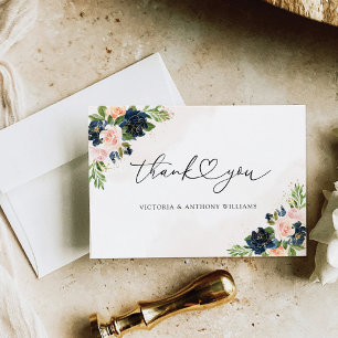 Navy & Blush Pink Floral Bridal Shower Flat Thank You Card