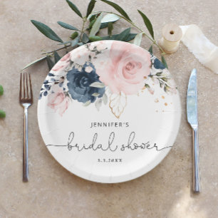 Navy blush pink floral bridal shower paper plate