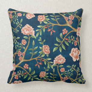 Navy Blush Pink Floral Chinoiserie Floral Greenery Cushion
