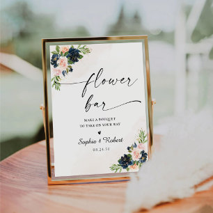 Navy & Blush Pink Floral Flower Bar Sign
