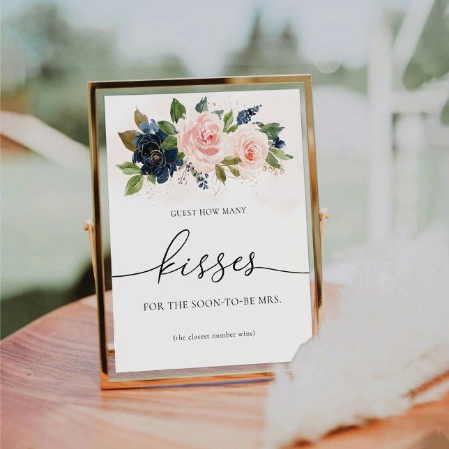 Navy & Blush Pink Floral Guest How Many Kisses  Pedestal Sign (Creator Uploaded)
