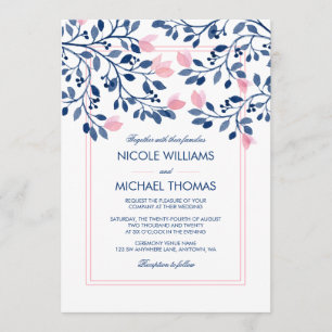 Navy Blush Pink Floral Leaves Watercolor Wedding Invitation