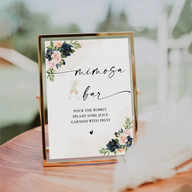 Navy & Blush Pink Floral Mimosa Bar Sign (Creator Uploaded)