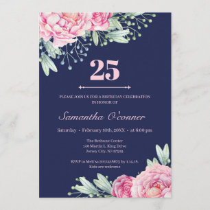 Navy blush pink floral peonnies 25th birthday invitation