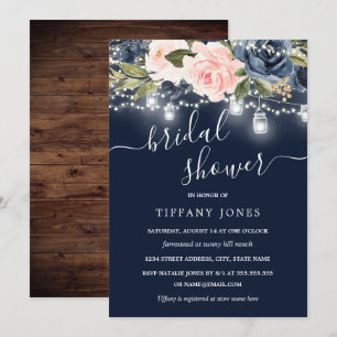 Navy Blush Pink Floral Rustic Wood Bridal Shower Invitation