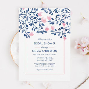 Navy Blush Pink Floral Watercolor Bridal Shower Invitation