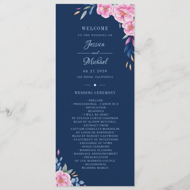 Navy Blush Pink Floral Watercolor Monogram Wedding Program (Front)