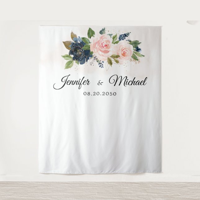 Navy & Blush Pink Floral Wedding Ceremony Backdrop Tapestry (Front)