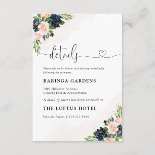 Navy & Blush Pink Floral Wedding Details Card