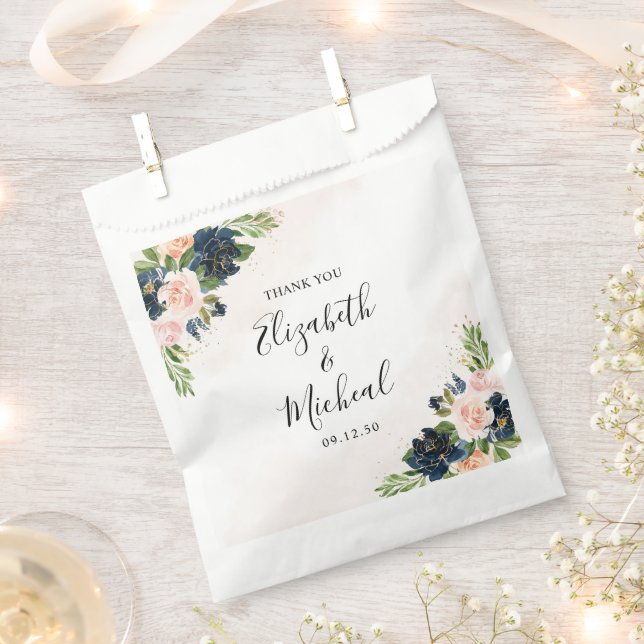 Navy & Blush Pink Floral Wedding Favour Bag (Clipped)