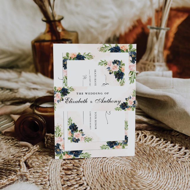 Navy & Blush Pink Floral Wedding Invitation Belly Band (Creator Uploaded)
