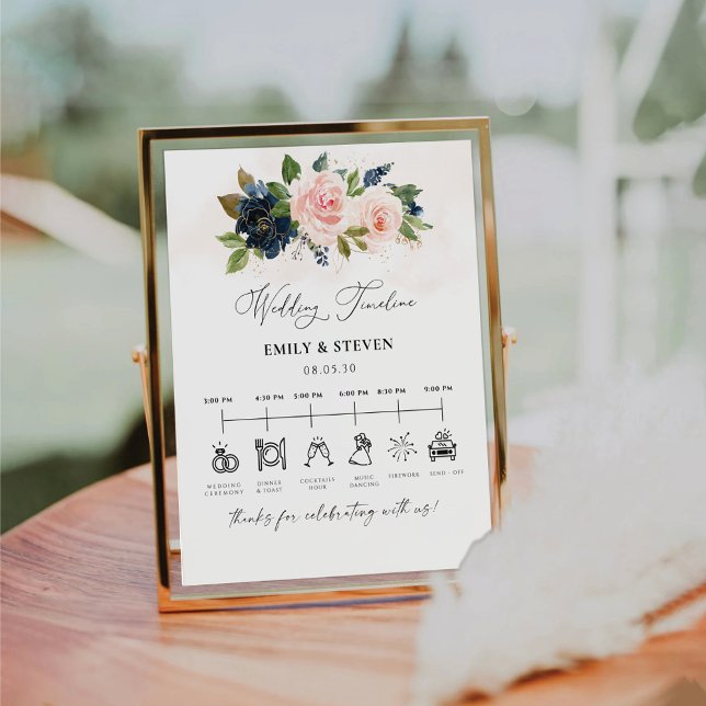 Navy & Blush Pink Floral Wedding Timeline Sign (Creator Uploaded)