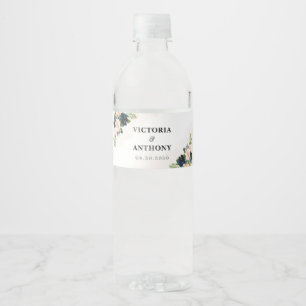 Navy & Blush Pink Floral Wedding  Water Bottle Label