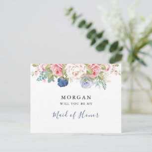 Navy Blush Pink Floral Will You Be My Bridesmaid Postcard
