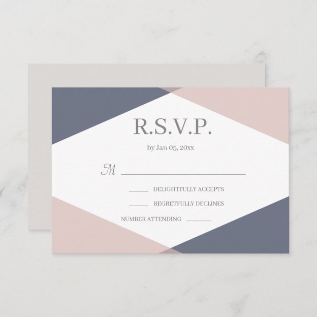 Navy Blush Pink Geometric Modern Wedding RSVP Invitation (Front/Back)