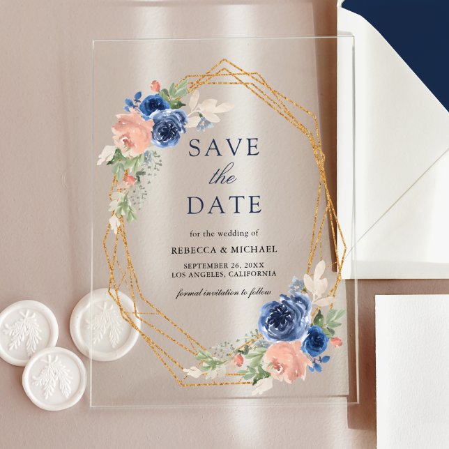 Navy Blush Pink Geometric Wedding Save the Date Acrylic Invitations (Creator Uploaded)