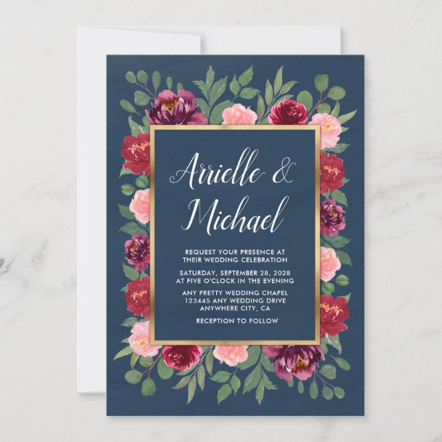 Navy Blush Pink Gold Burgundy Wedding Invitations (Front)