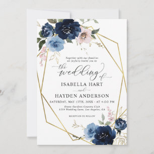 Navy Blush Pink Golden Floral Gold Frame Wedding Invitation