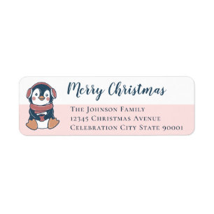 Navy Blush Pink Penguin Merry Christmas Return Address Label