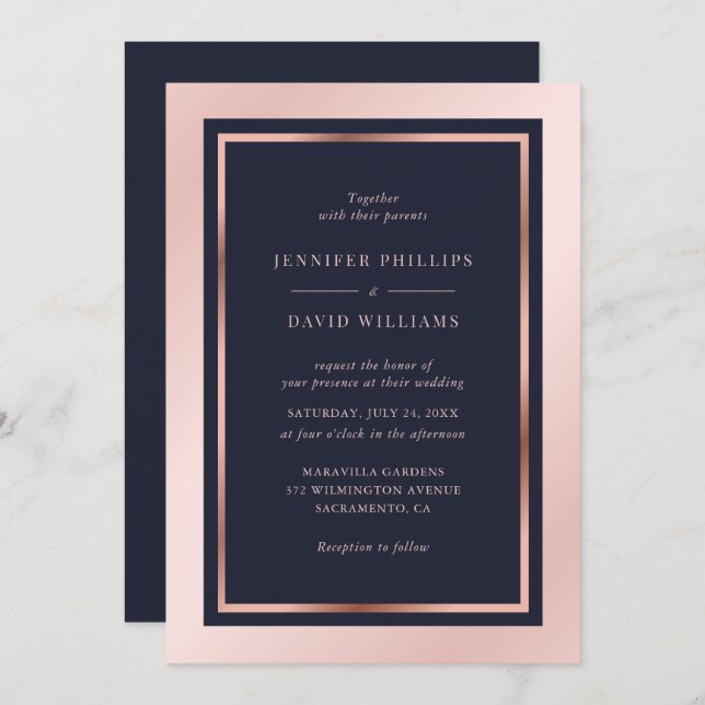 Navy Blush Pink Rose Gold Modern Framed Wedding Invitation (Front/Back)