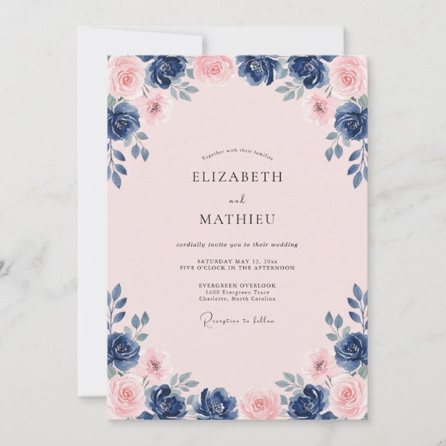 Navy Blush Polished Floral Wedding Invitation (Front)