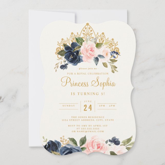 Navy Blush Princess Floral Tiara Birthday Invitation (Front)