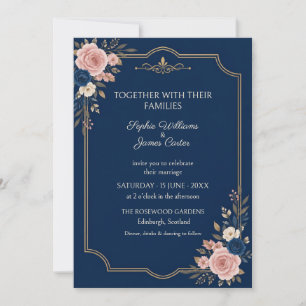 Navy Blush Rose Gold Ornate Wedding Invitation