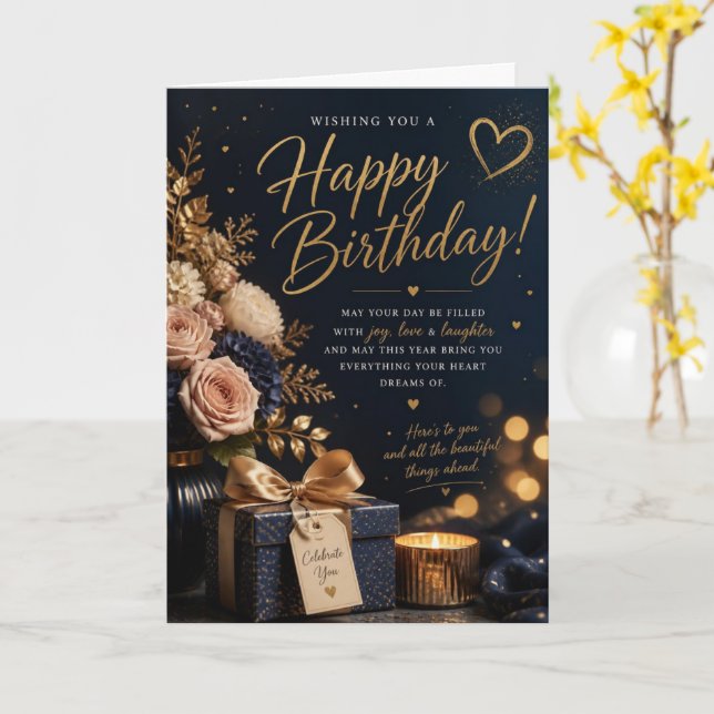 Navy Blush Rose Happy Birthday Card (Yellow Flower)