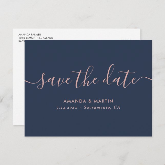 Navy Blush Script Wedding Save The Date Postcards (Front/Back)