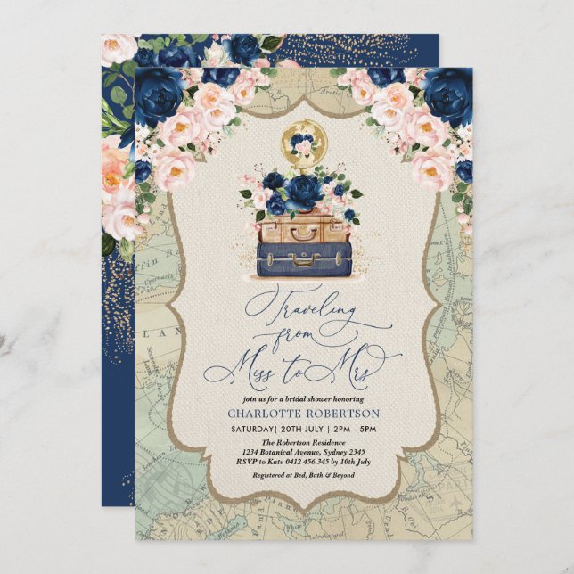Navy Blush Travel Adventure Bridal Shower Invitation (Front/Back)