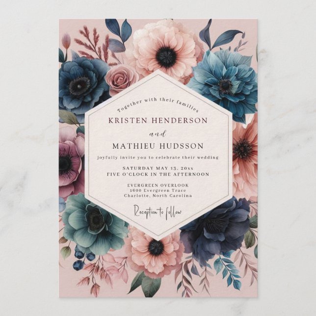 Navy Blush Vivid Flora Wedding Invitation (Front)