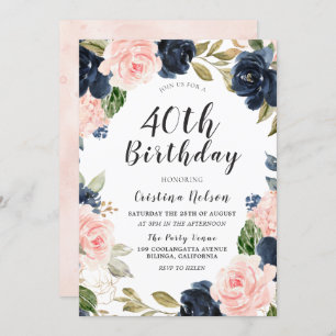 Navy & Blush Watercolor 40th Birthday Party Invitation