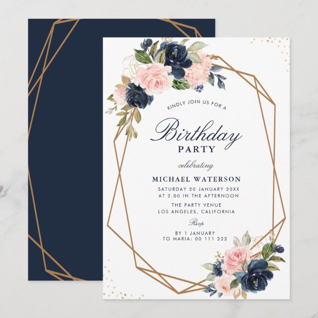 Navy & blush watercolor floral geometric birthday invitation (Front/Back)