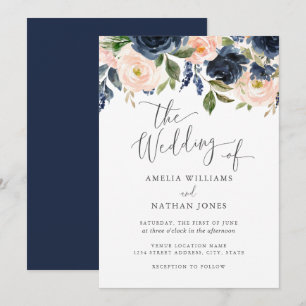 Navy Blush Watercolor Floral Wedding Invitation