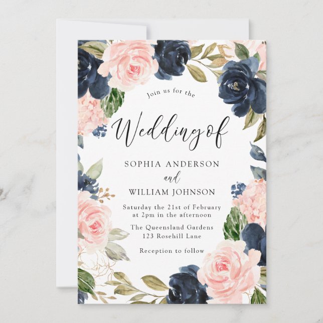 Navy & Blush Watercolor Floral Wreath Wedding Invitation (Front)