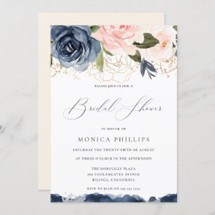 Navy & Blush Watercolor Florals Gold Bridal Shower Invitation