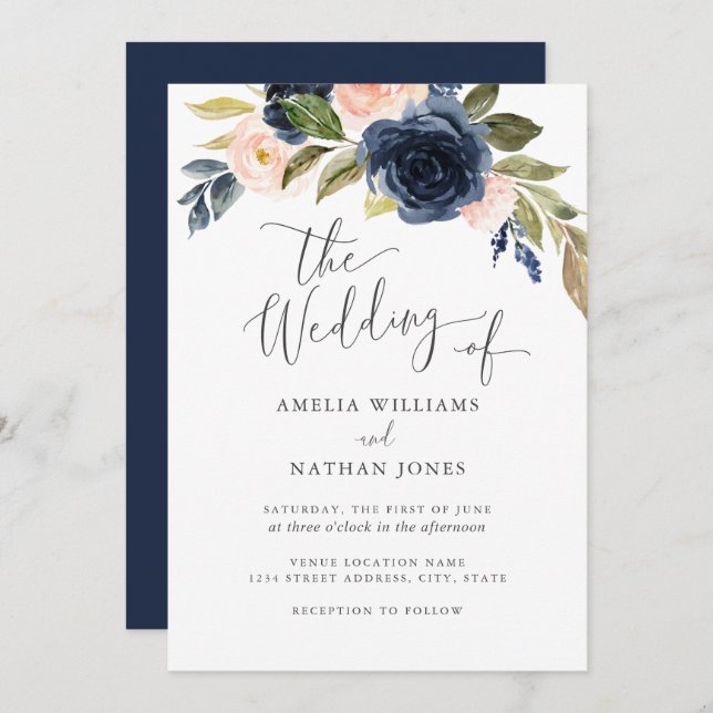 Navy Blush Watercolor Flower Wreath Wedding Invitation (Front/Back)