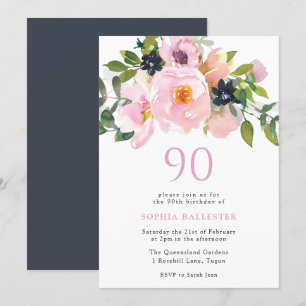 Navy Blush Watercolor Flowers 90th Birthday Party Invitation
