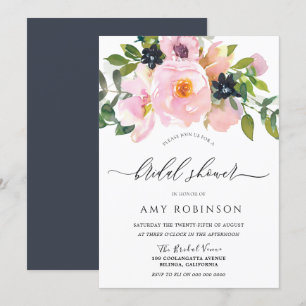 Navy & Blush Watercolor Flowers Bridal Shower Invitation