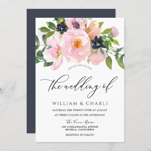 Navy & Blush Watercolor Flowers Wedding Invitation