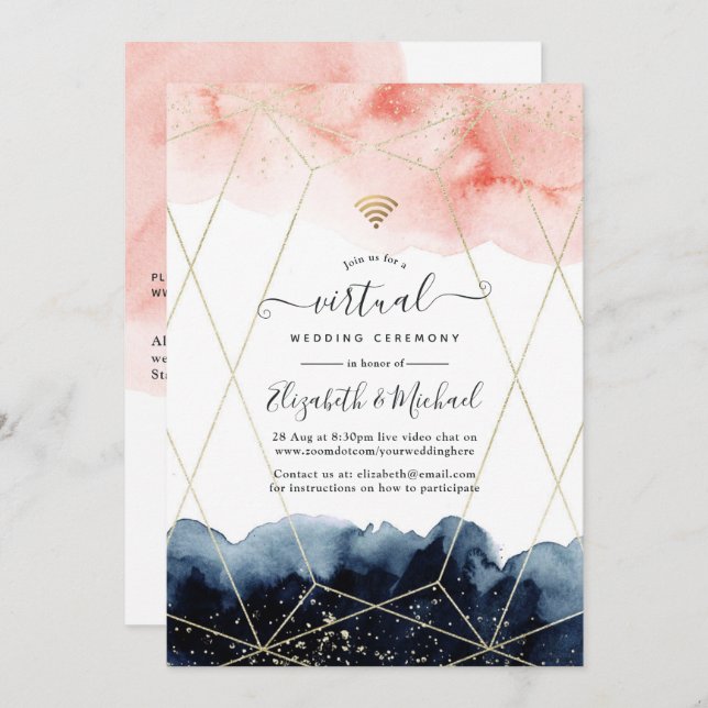 Navy & Blush Watercolor Geometric Virtual Wedding Invitation (Front/Back)