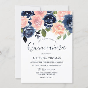 Navy & Blush Watercolor Quinceañera 15th Birthday Invitation