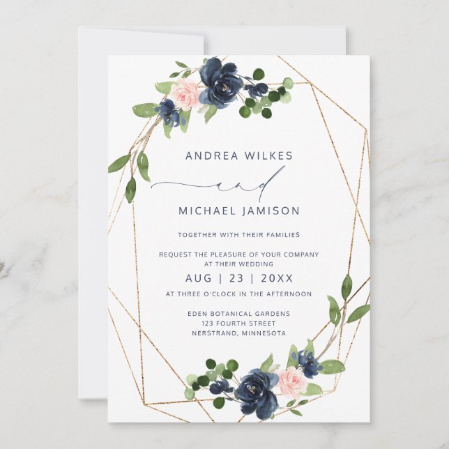 Navy & Blush Wedding Invite Geometric Faux Foil (Front)