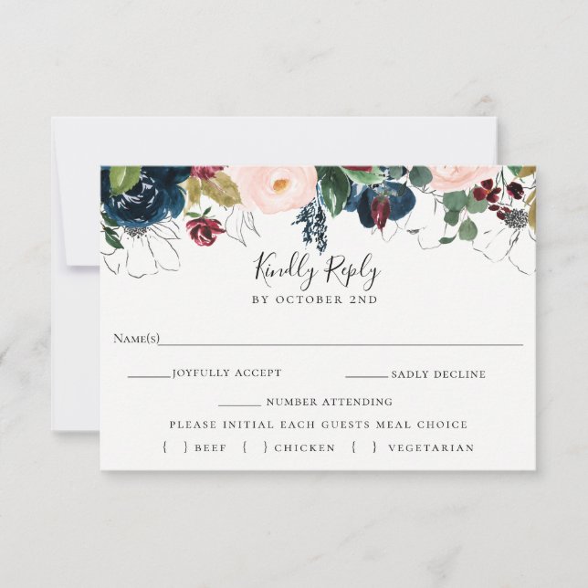 Navy Blush Wedding RSVP Meal Choice Card (Front)